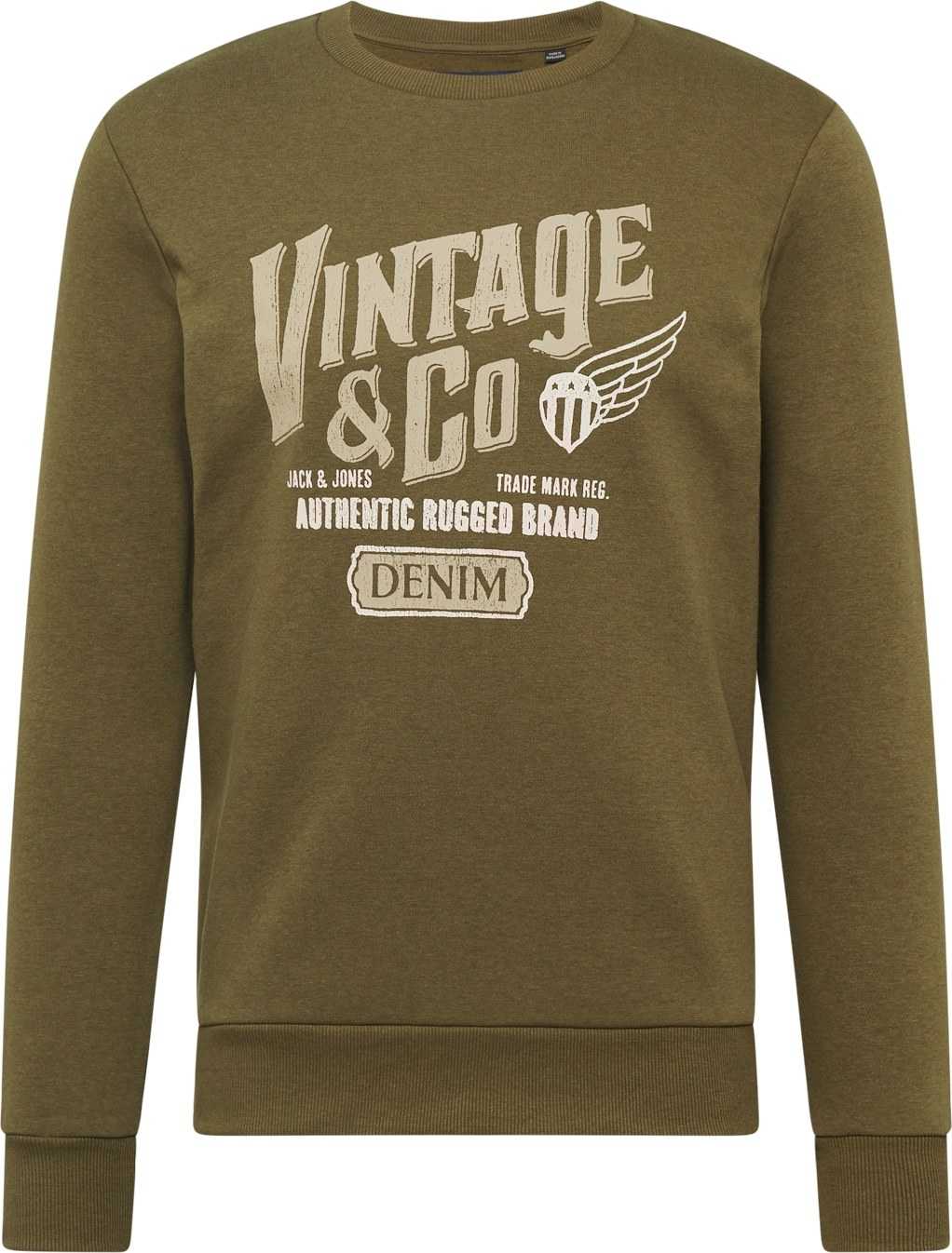 JACK & JONES Mikina starobéžová / khaki / bílá