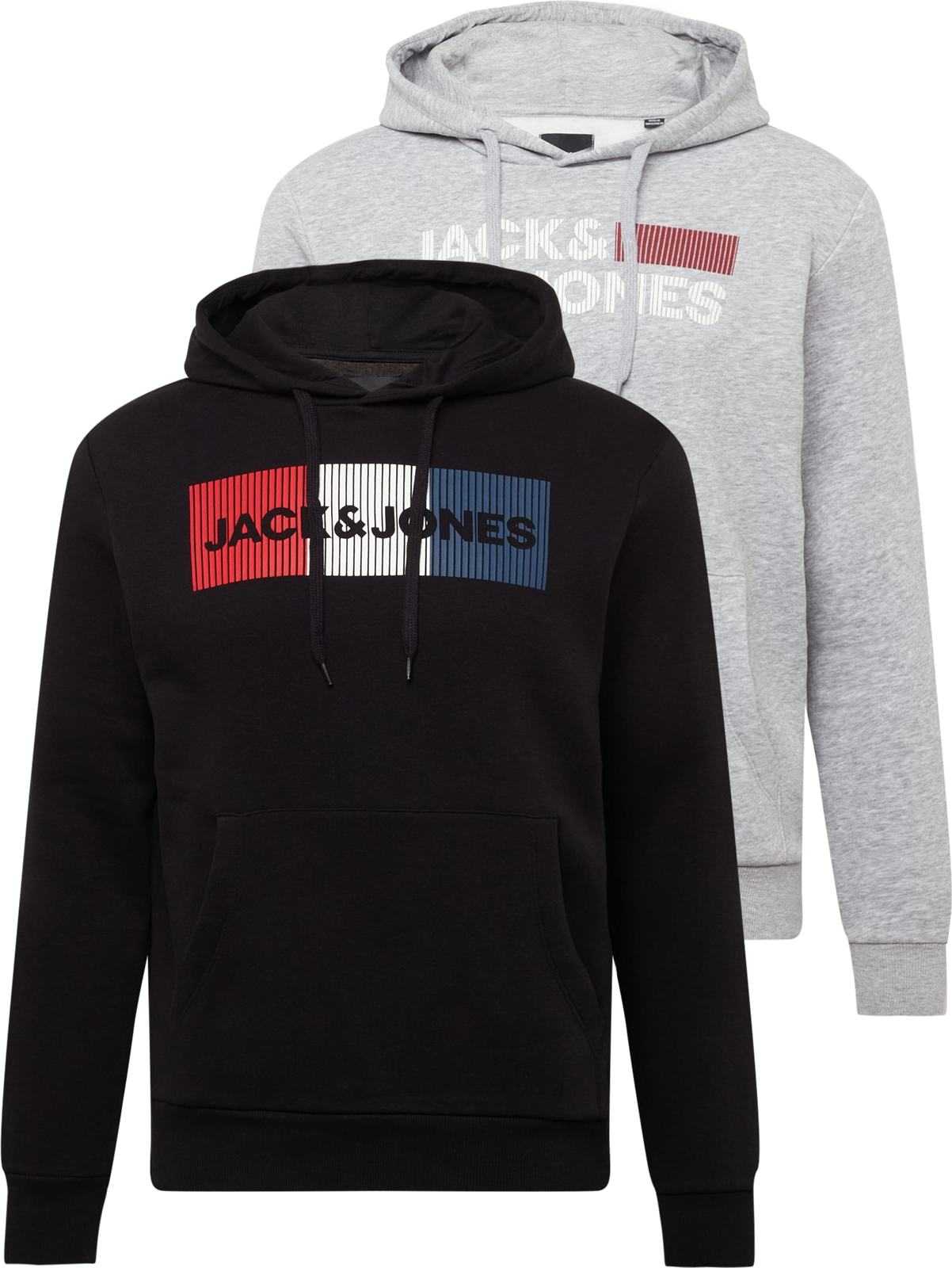 JACK & JONES Mikina světle šedá / červená / černá / bílá