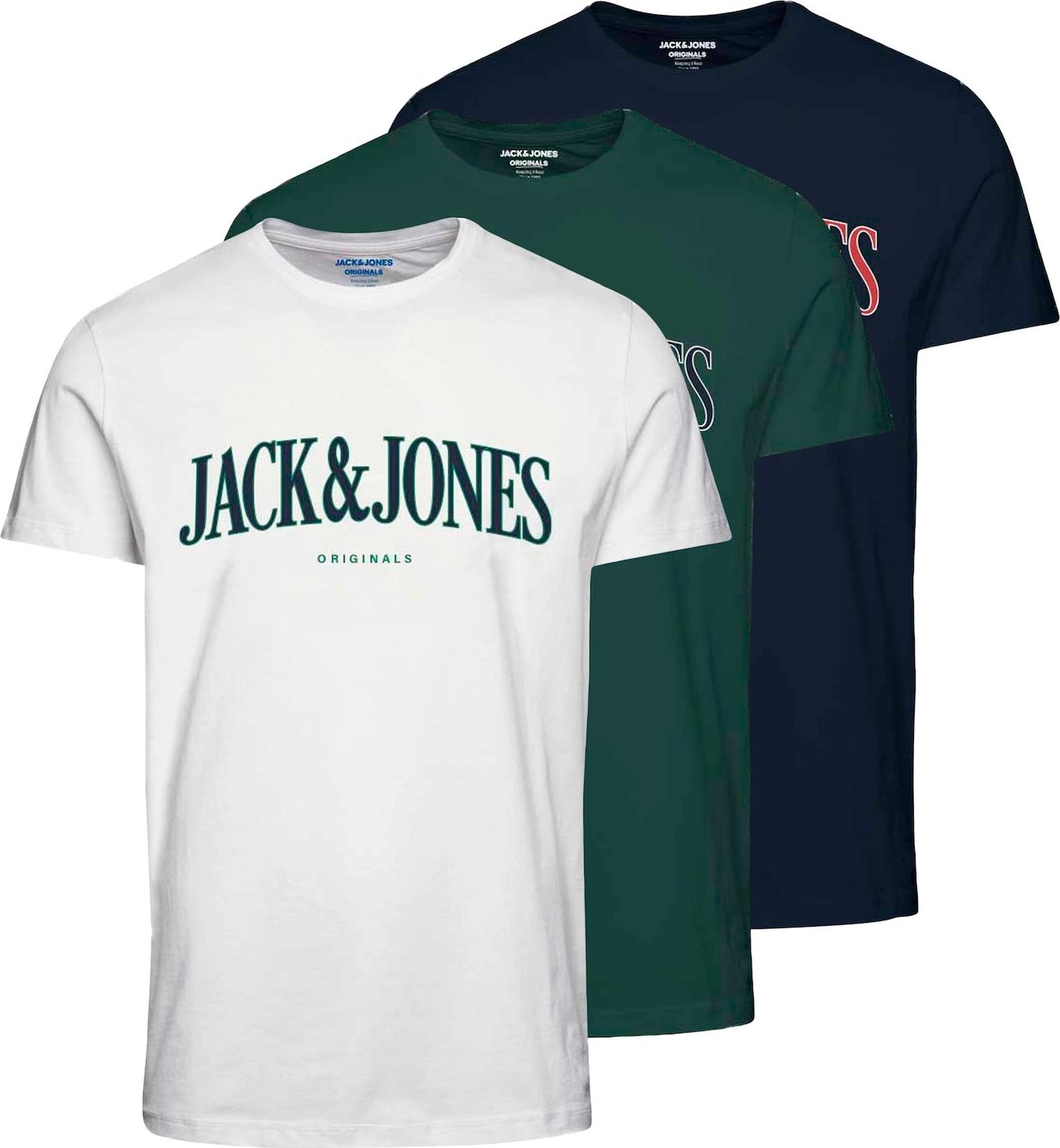 JACK & JONES Tričko 'HOOK' námořnická modř / zelená / ohnivá červená / bílá