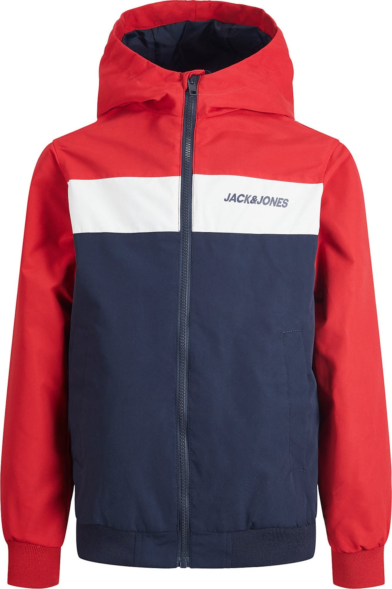 Jack & Jones Junior Přechodná bunda 'Rush' noční modrá / červená / bílá