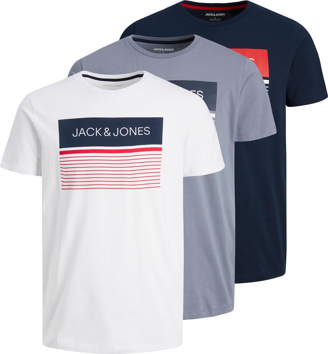 JACK & JONES Tričko 'TRAVIS' tmavě modrá / šedá / červená / bílá